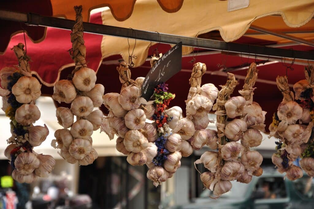 Braids of garlic at a Provençal market