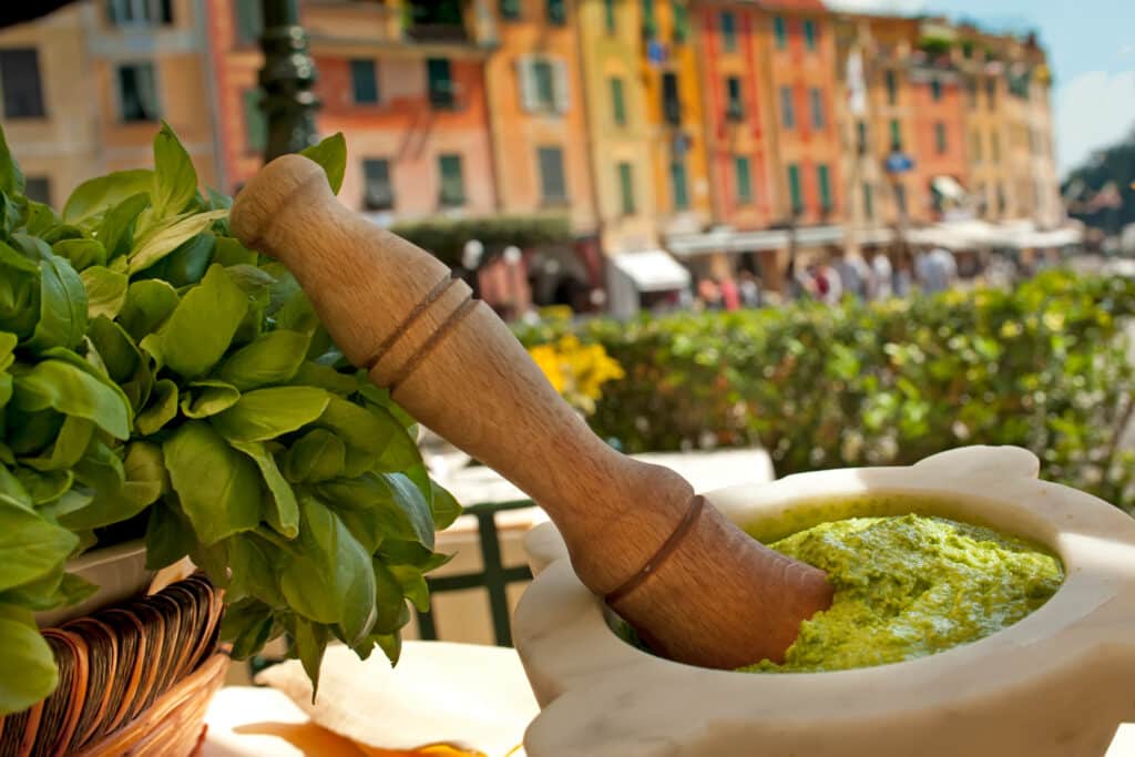 Preparing traditional pesto in Provence