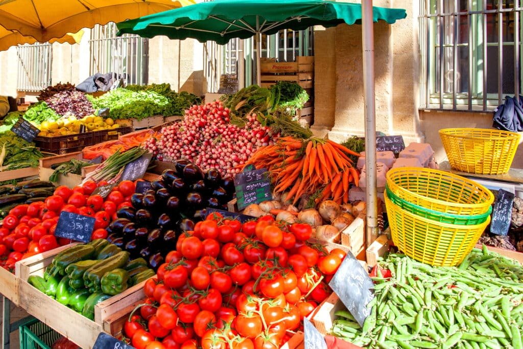 Fruit and vegetable market in Aix-en-Provence featuring the finest local produce