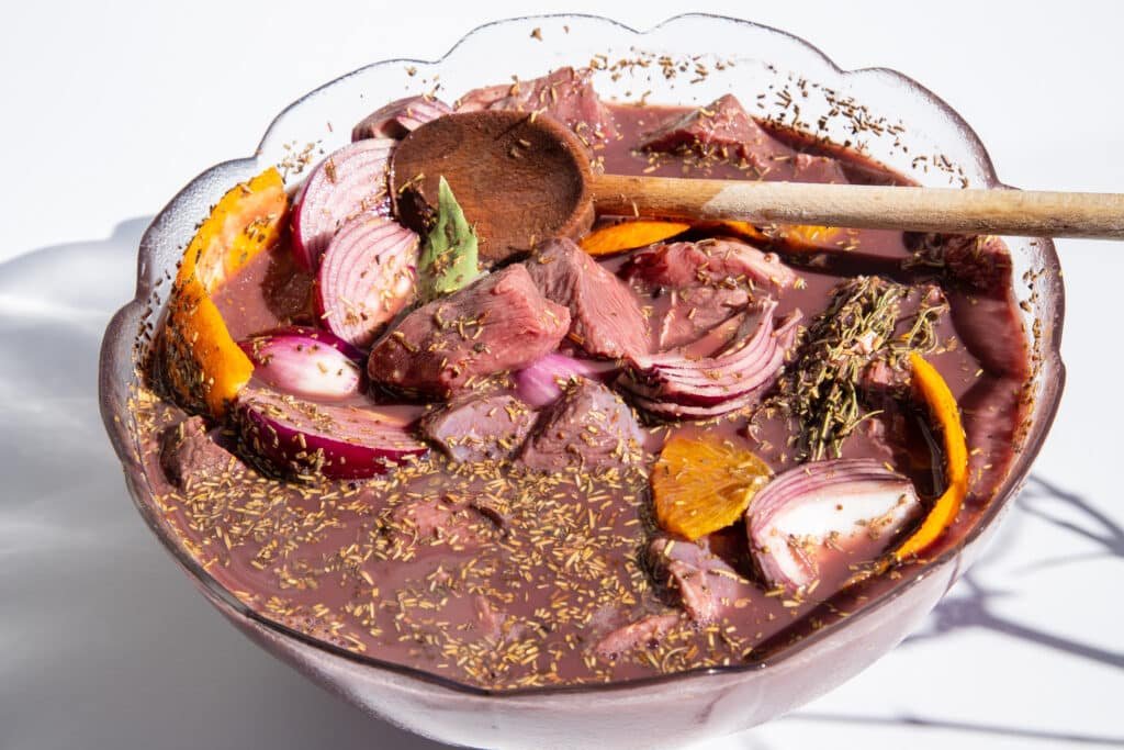 Preparing beef for a traditional Provençal daube marinade