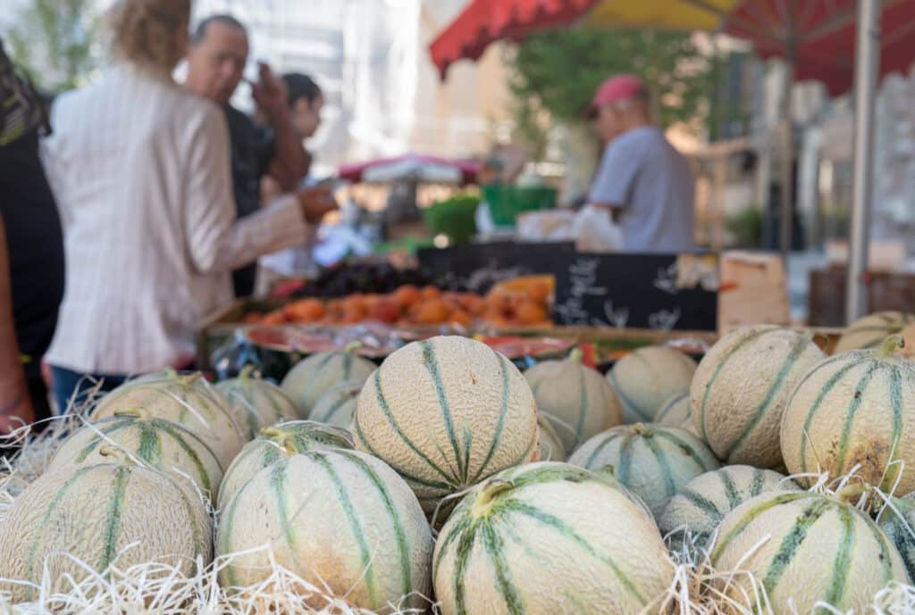 Seasonal market in Aix-en-Provence featuring fresh melons